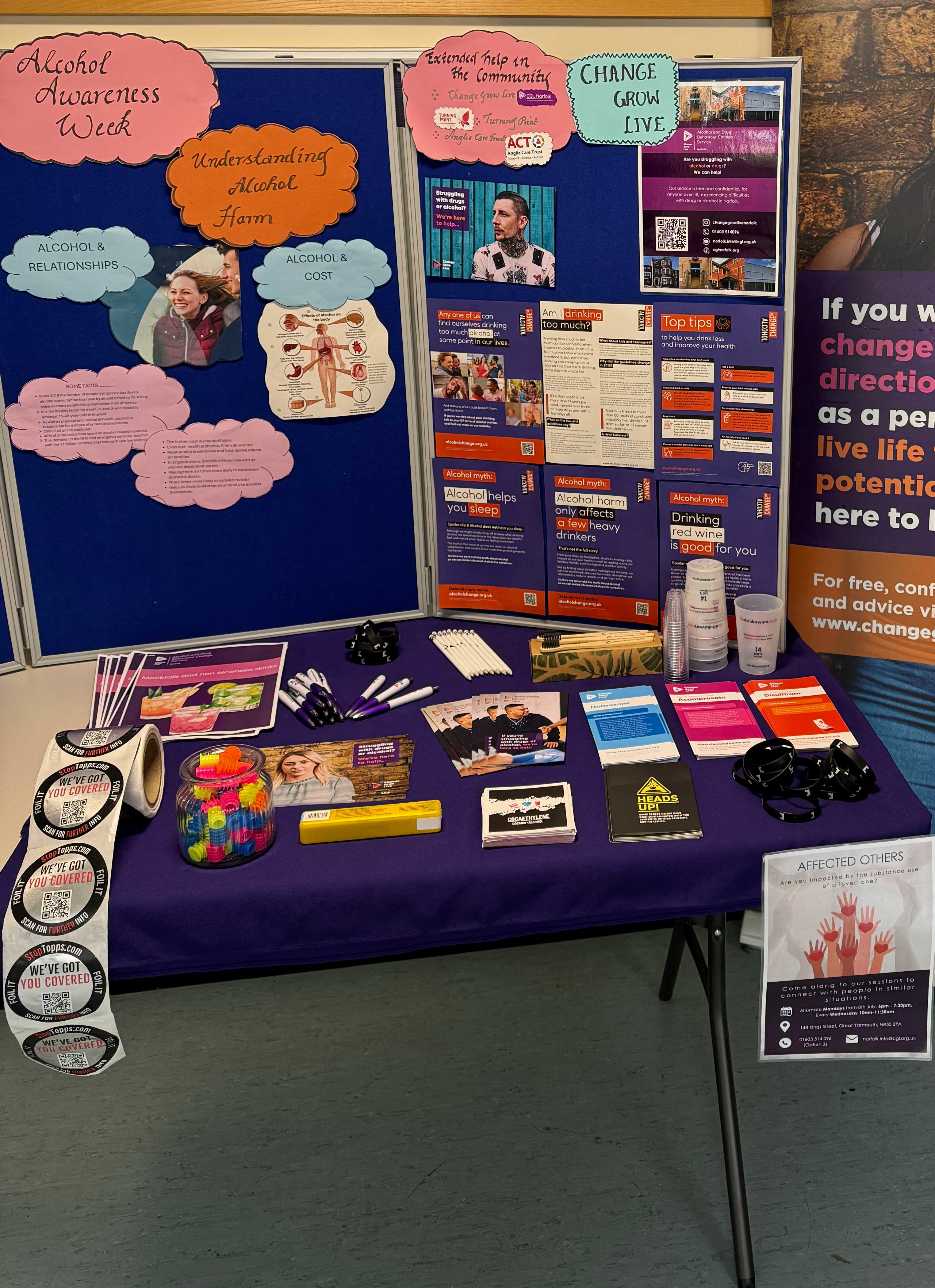 A table with a display board on it with information and posters around Alcohol awareness week