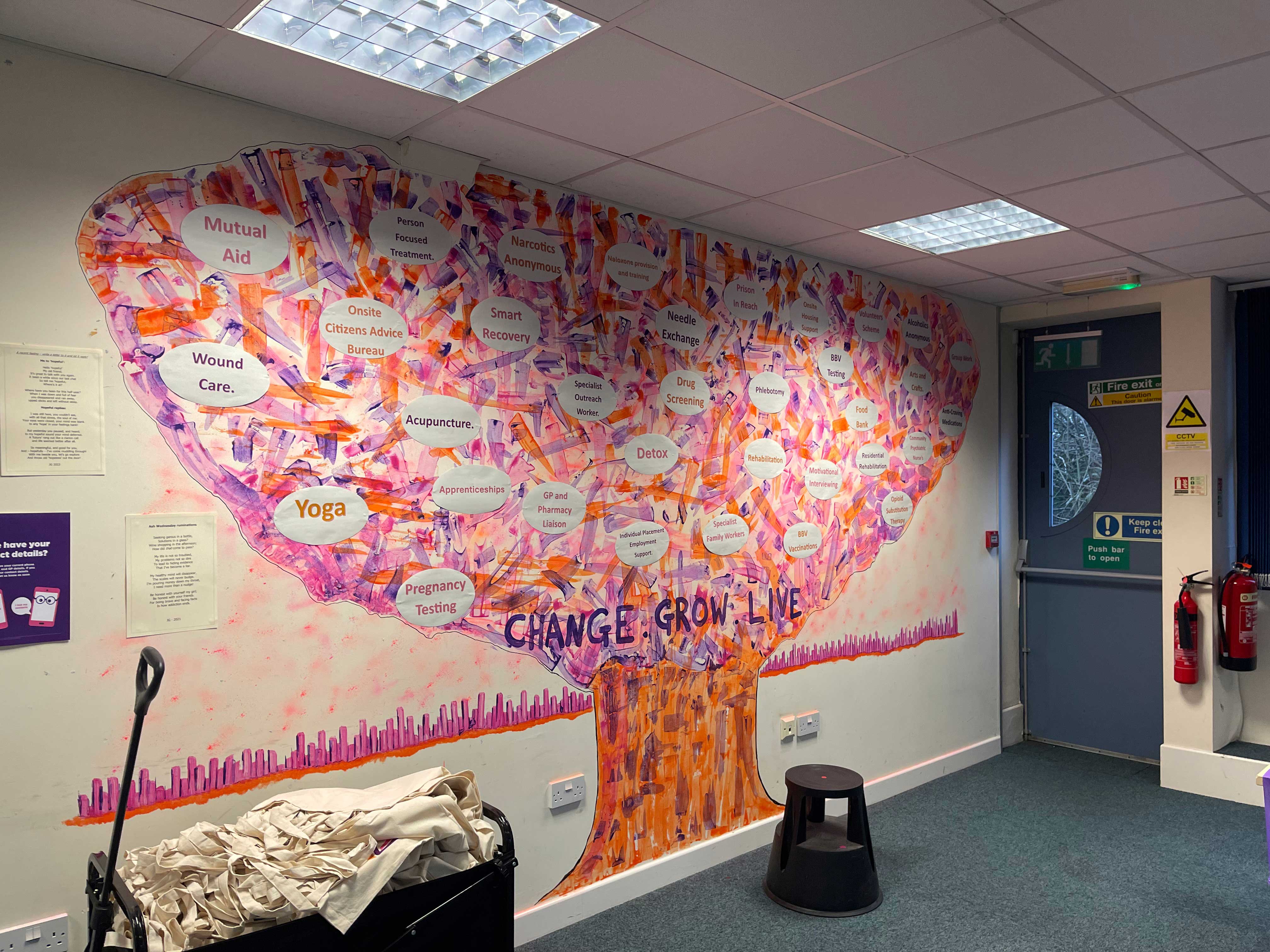 The painting of a tree on a wall with words of affirmation making up the leaves