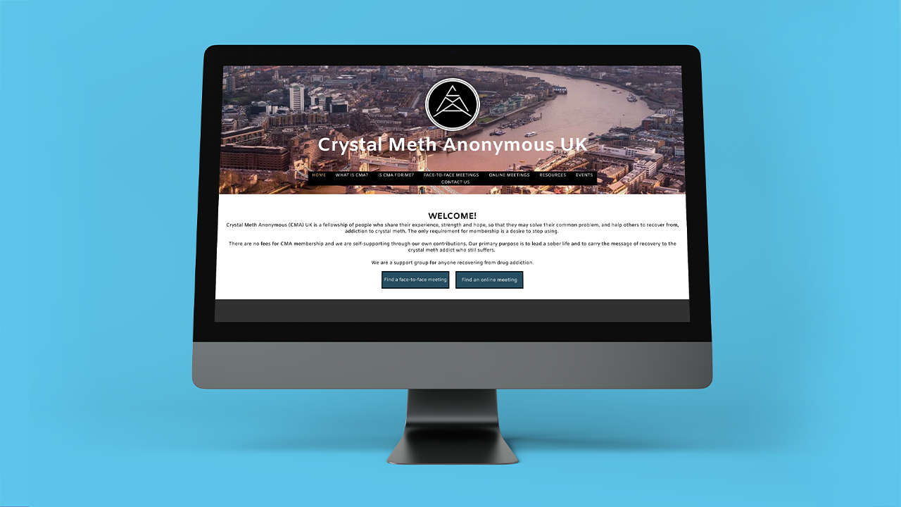 A computer screen with the Crystal Meth Anonymous website on it