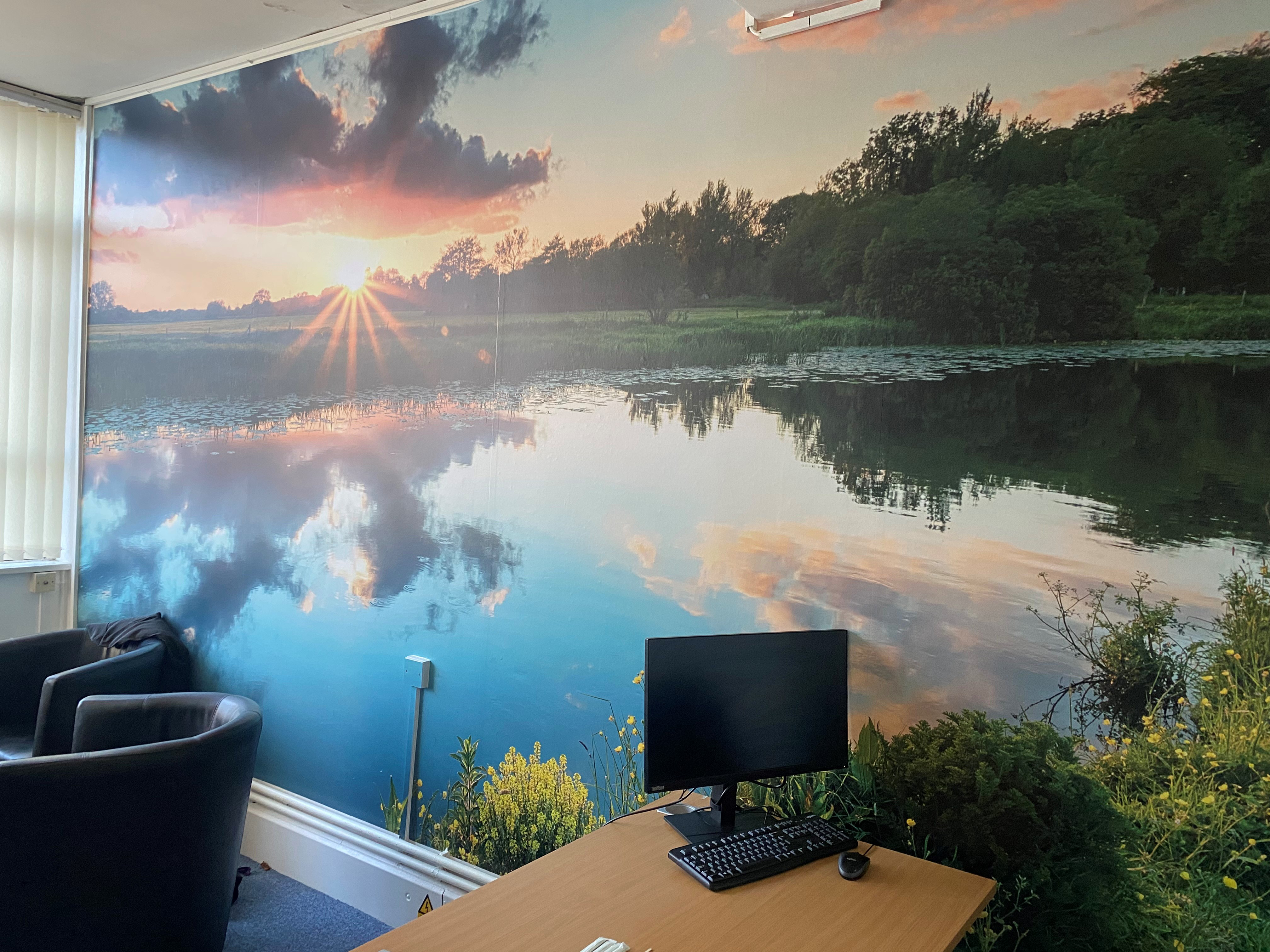 A wall murual of a peaceful lake at sunset. Against the wall is a desk with a computer and a chair.