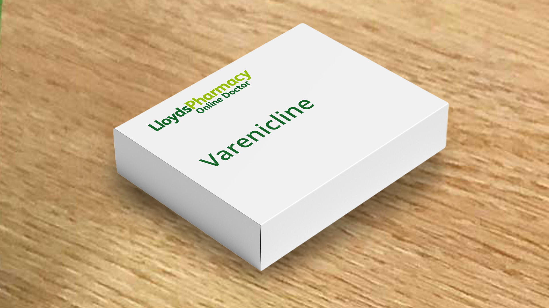 A medication box laying on a wooden table. 