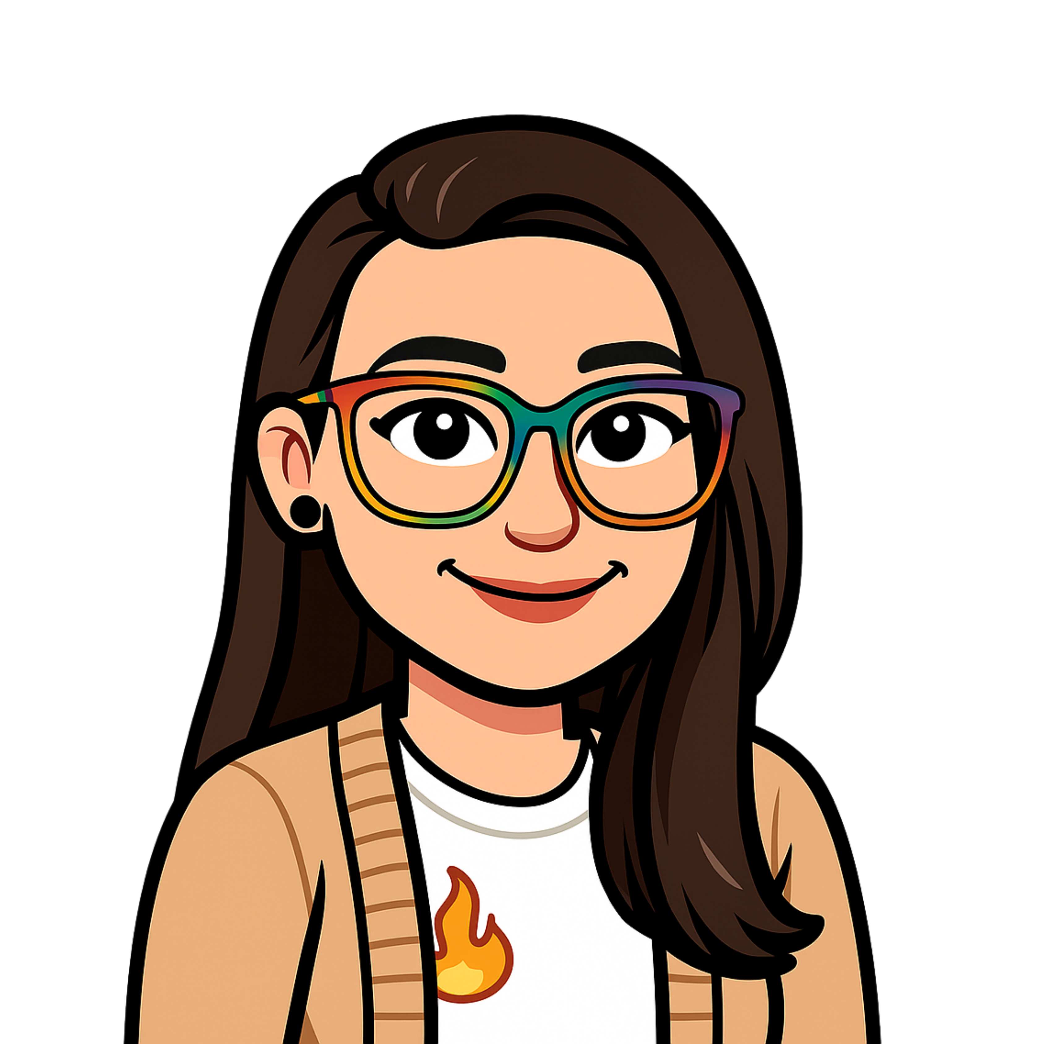 A bitmoji of Amethyst. She has long brown hair and is wearing a white t-shirt, brown cardigan, and rainbow glasses