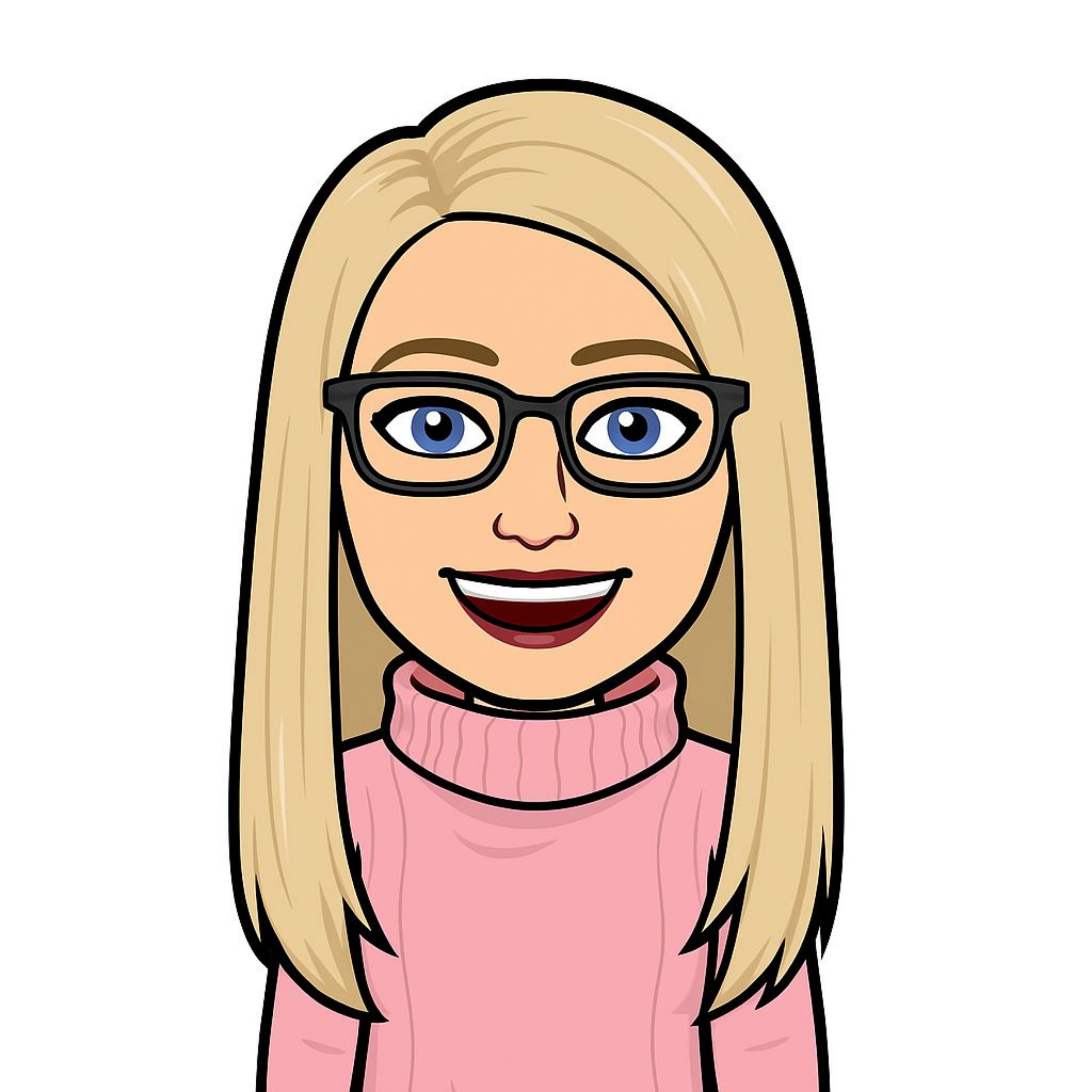 A bitmoji of Amy. She has long blonde hair, is wearing a pink turtleneck jumper, and glasses
