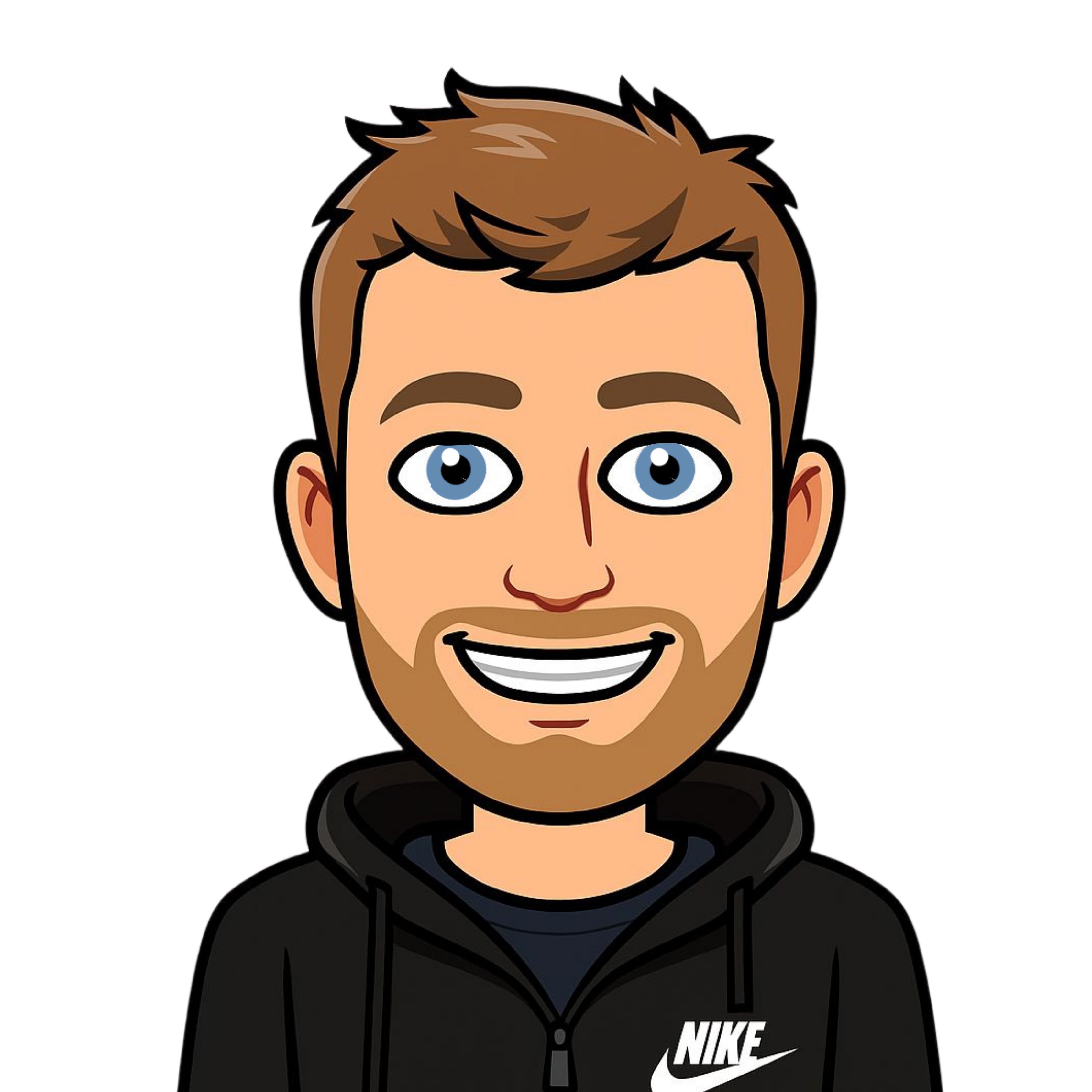 A bitmoji of Brad. He has short brown hair and is wearing a black nike hoodie