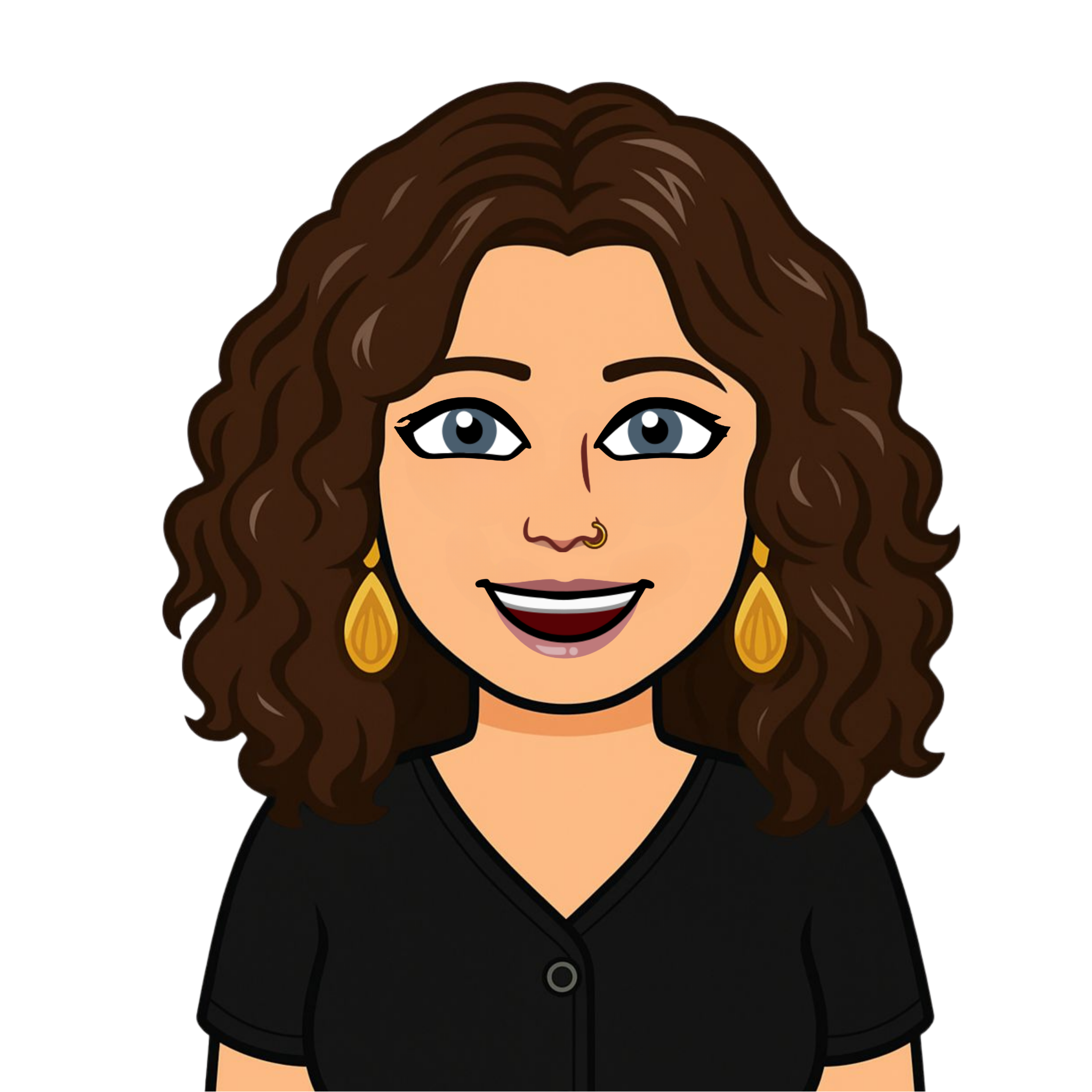 A bitmoji of Gemma. She has brown curly hair, earrings and is wearing a black blouse