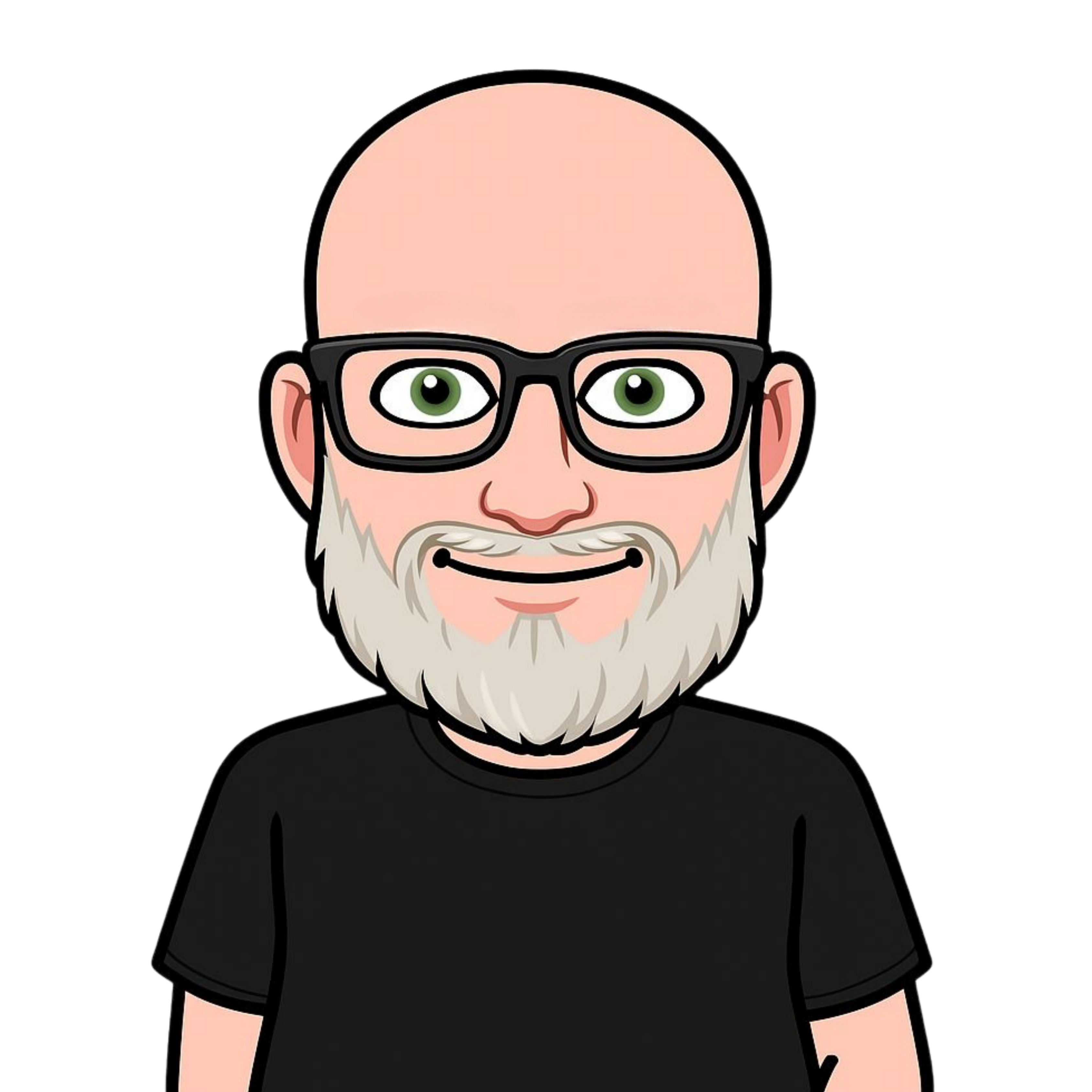 A bitmoji of James. He is bald with a grey beard and glasses
