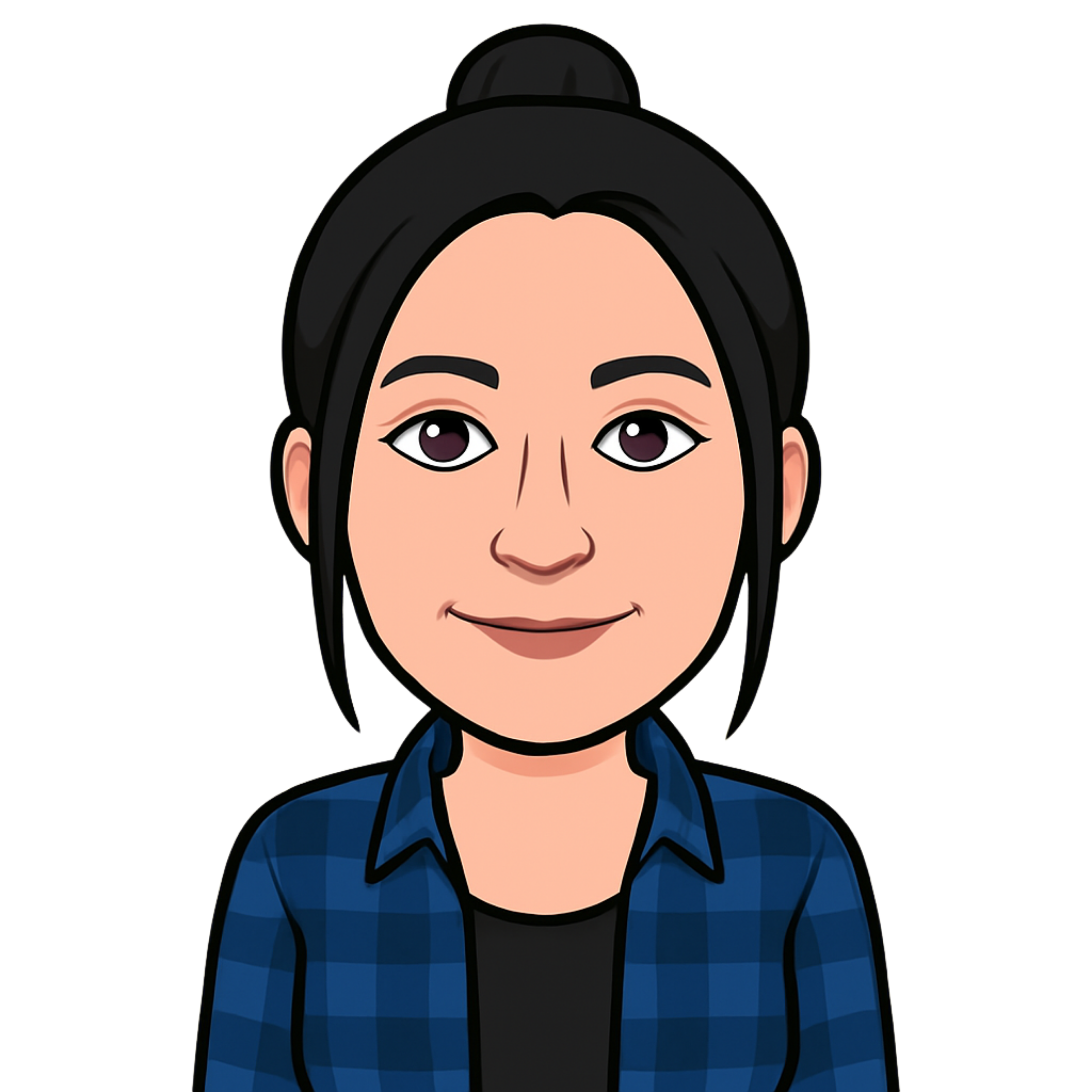 A bitmoji of Kelly. She has black hair pulled up into a bun and is wearing a blue checked shirt.