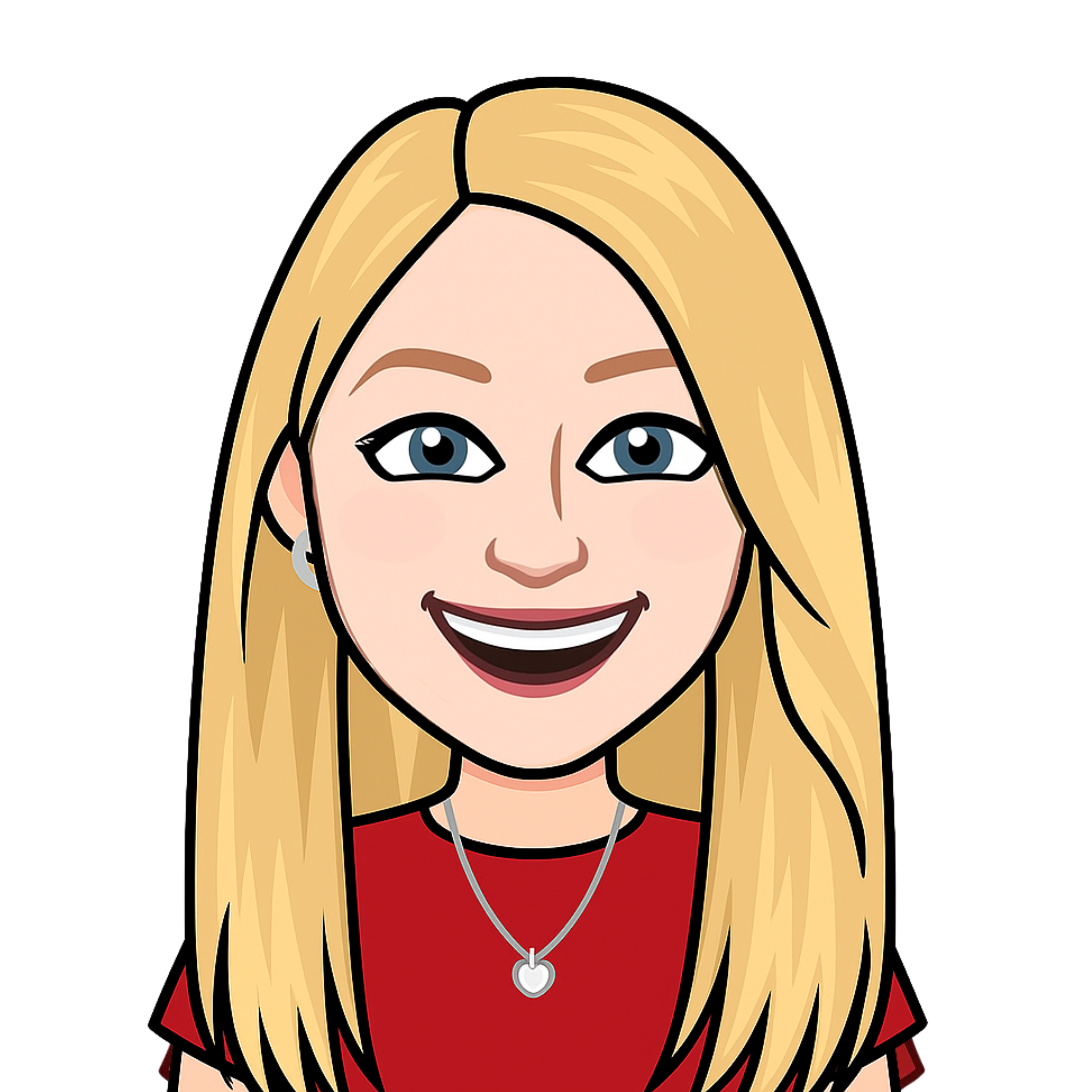 A bitmoji of Lucy. She has blonde hair and is wearing a red t-shirt