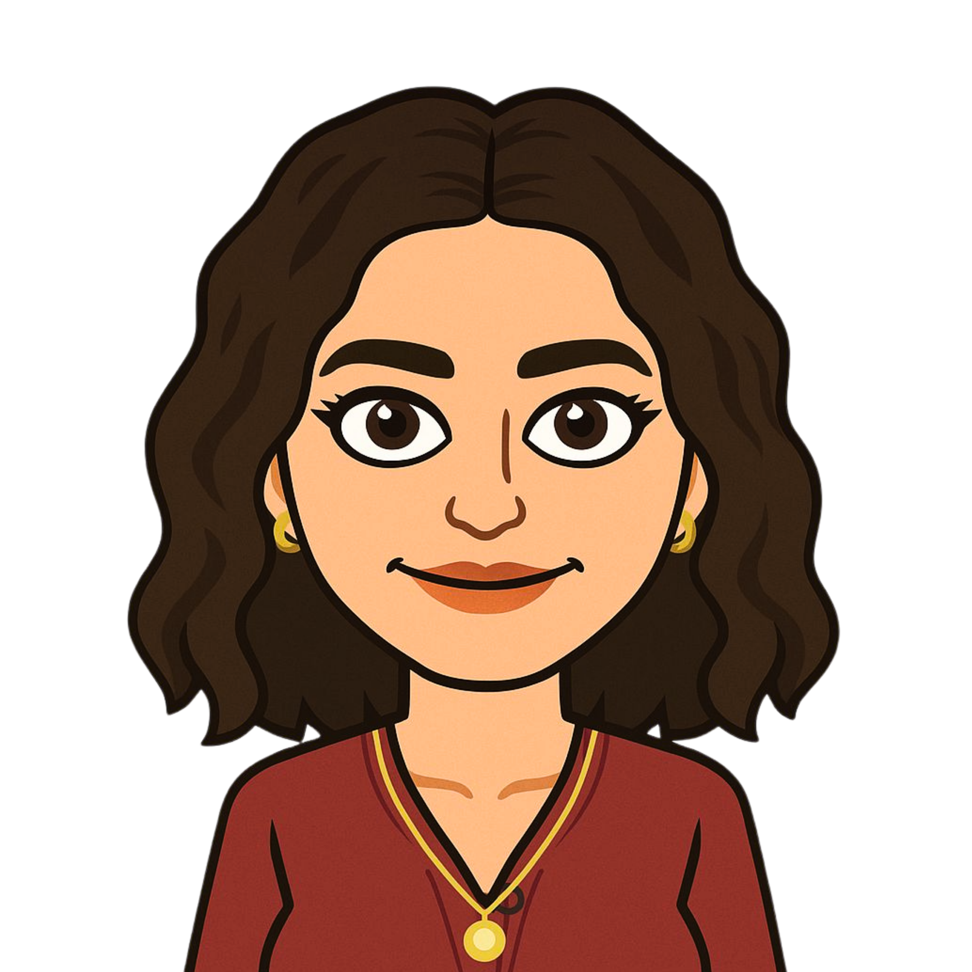 A bitmoji of Molly W. She has brown shoulder length hair and is wearing a red top and gold necklace