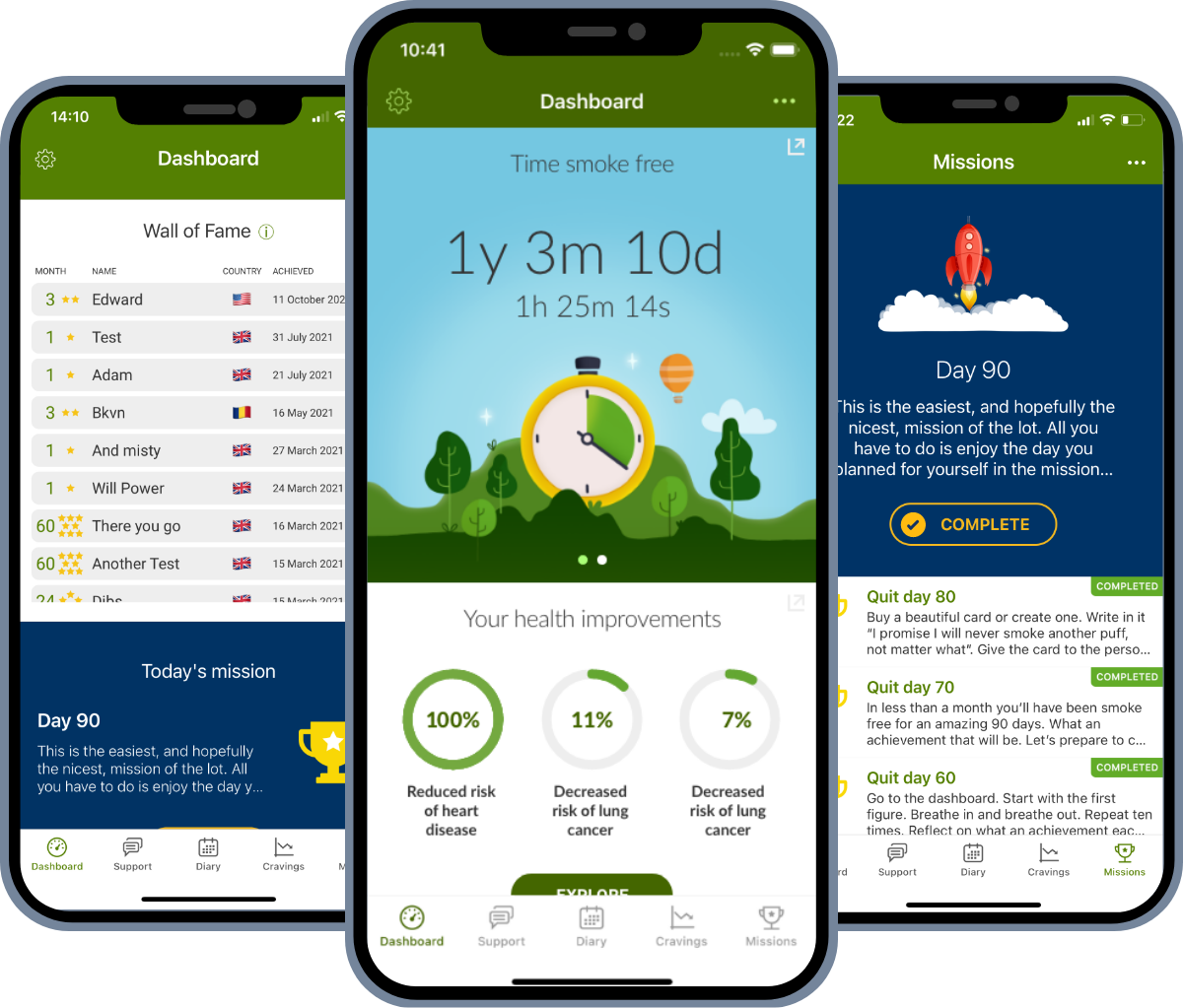 Three phone screens, the first is displaying a leaderboard, the middle is displaying a timer of how long someone has stopped smoking, and the third has a rocket ship and 'Day 90' with advice on stopping smoking
