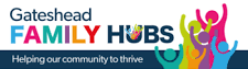 Gateshead Family Hubs logo with colourful outlines of people