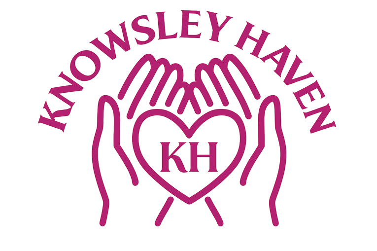 two hands holding a heart with the letters KH inside. The words 'Knowsley Haven' curve above