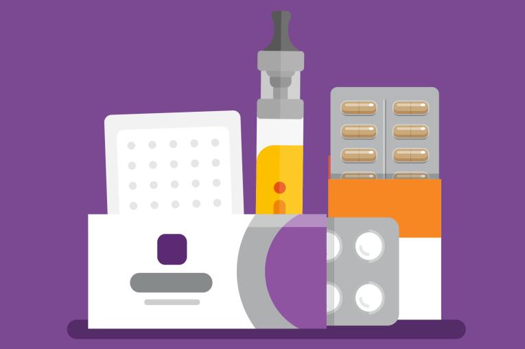 Illustrations of stop smoking products such as a vape, patches and medication