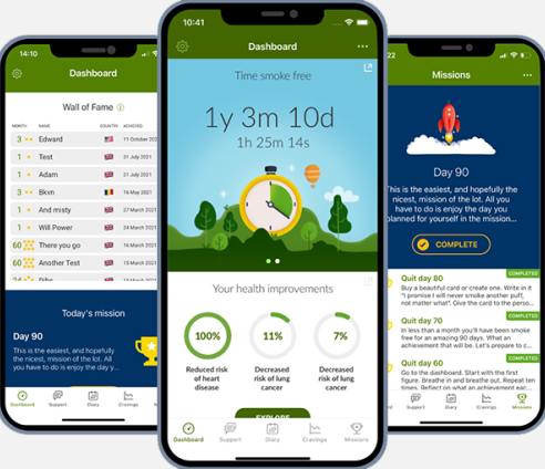 Three phone screens, the first is displaying a leaderboard, the middle is displaying a timer of how long someone has stopped smoking, and the third has a rocket ship and 'Day 90' with advice on stopping smoking